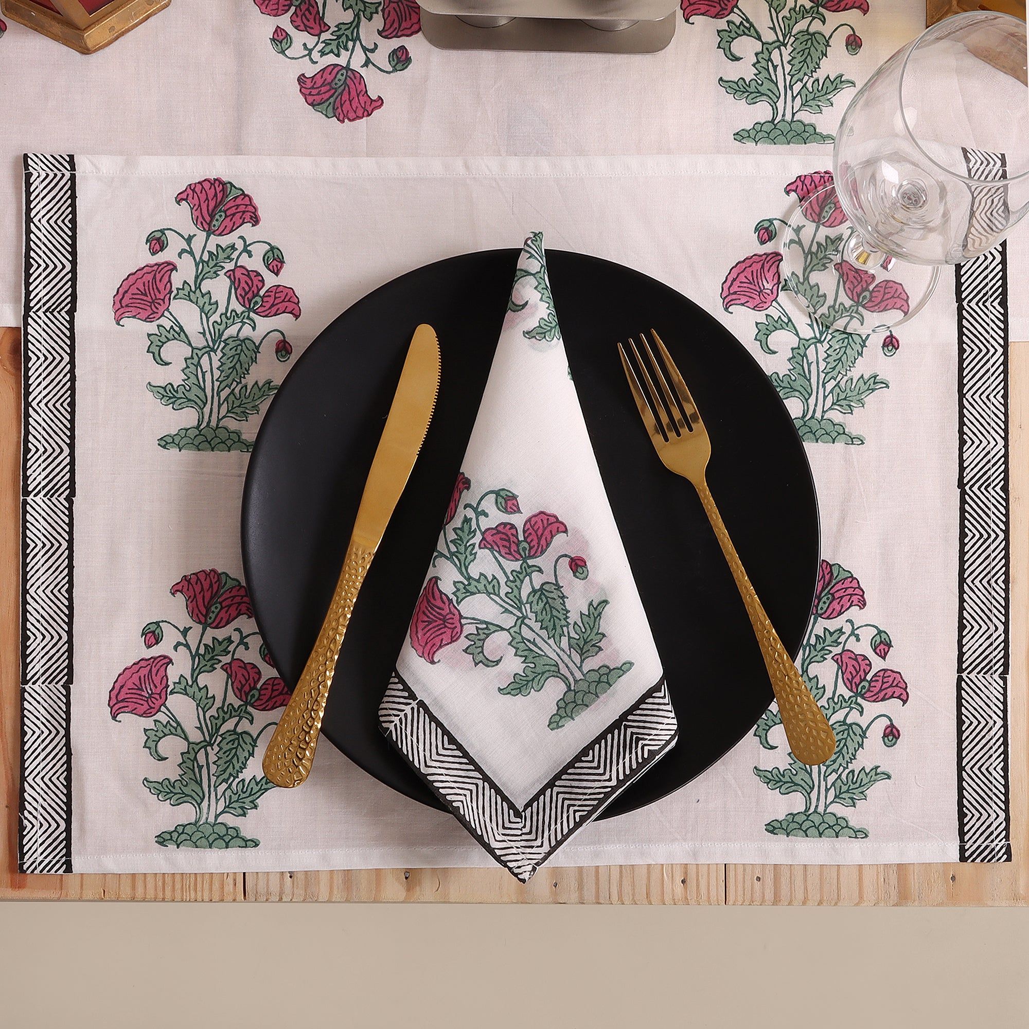Hand Block Pink Floral Printed Cotton Coffee Table Runner